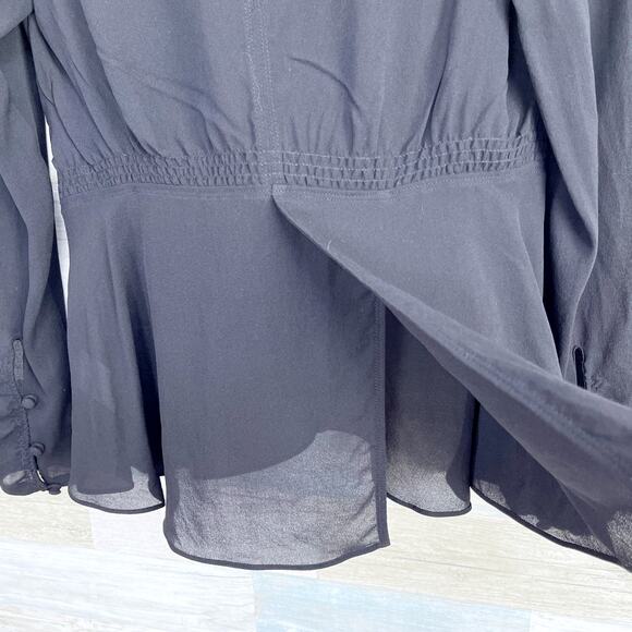 A.L.C. 100% Silk Crepe Tulip Hem Peplum Blouse Black Semi Sheer V Neck Womens 6 - Picture 7 of 9